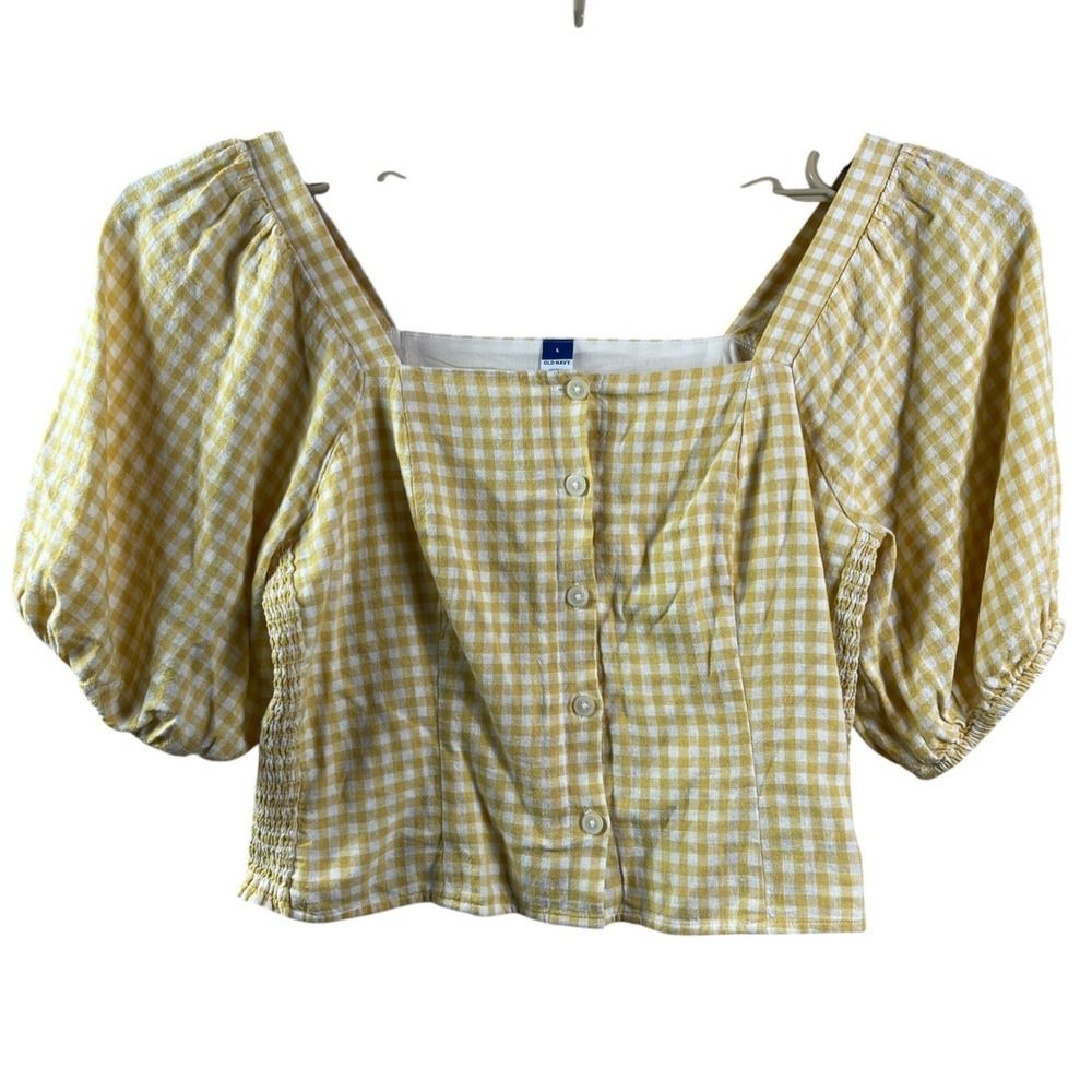 Old Navy Yellow Gingham Linen Crop Blouse Top Womens Large Cottagecore